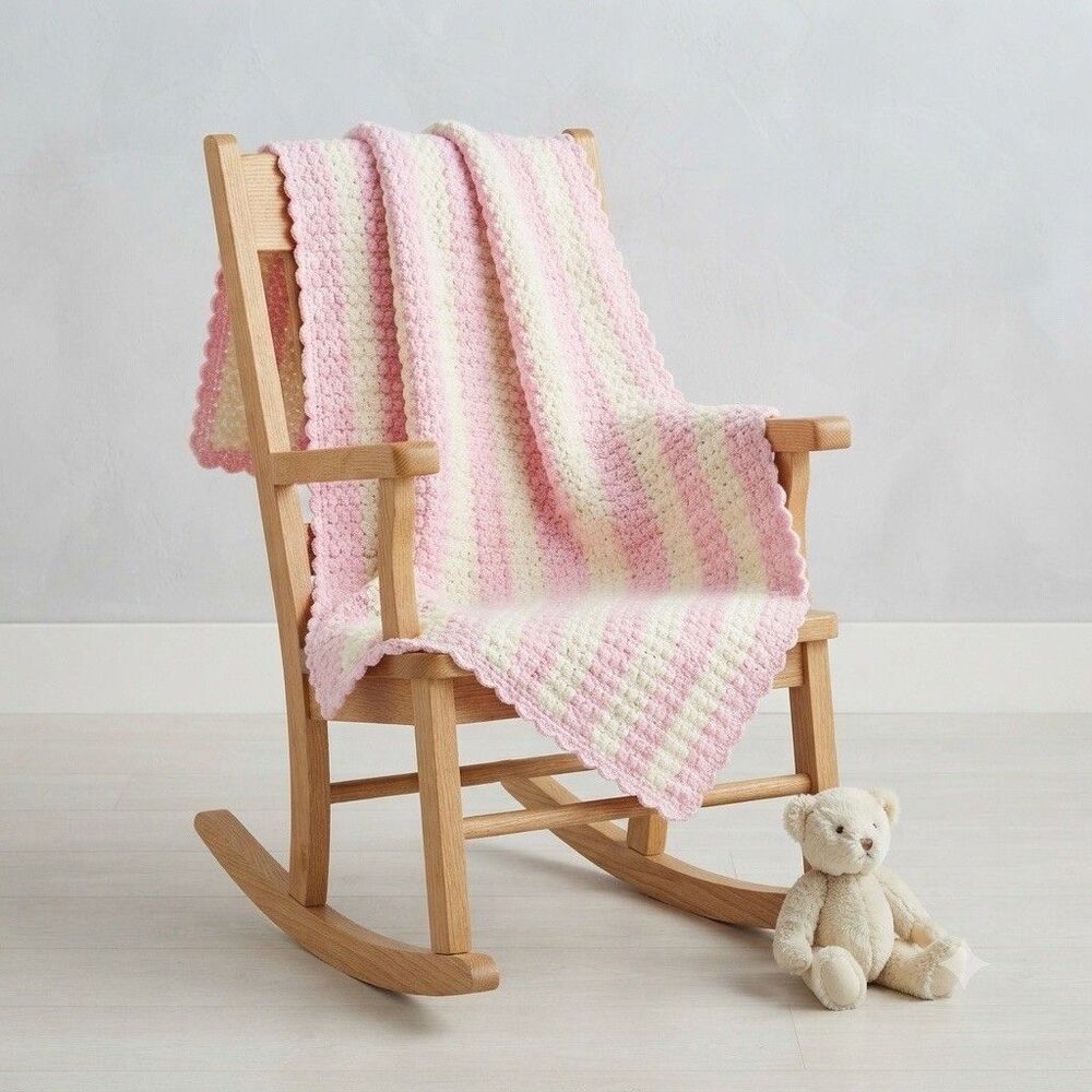 Vintage Crochet Afghan Throw Blanket Pink White Shell Stitch Scalloped 63x40